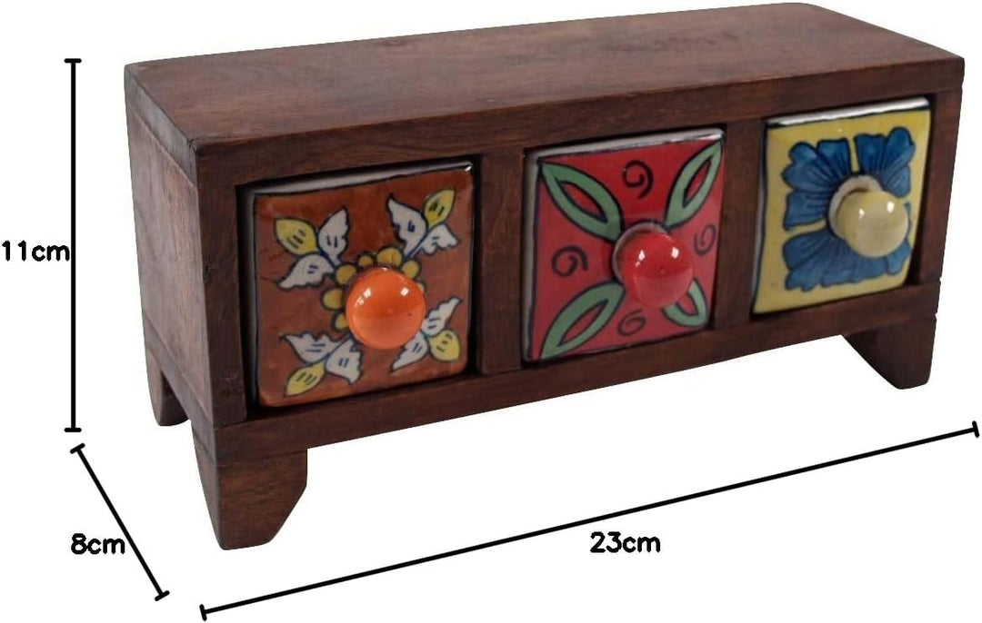 GURU SHOP Apothekerschränkchen mit Bunten Keramik Schubfächern, Gewürzkiste - 3 Fächer Modell 2, 11x