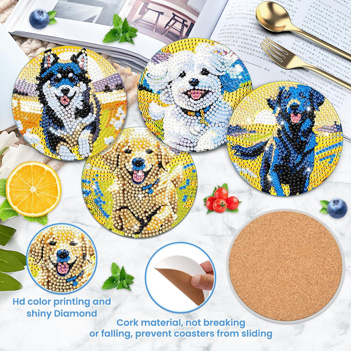8 STK Diamond Painting Untersetzer Hund mit Halter, Diamond Painting Hund, Diamant Painting Bilder E