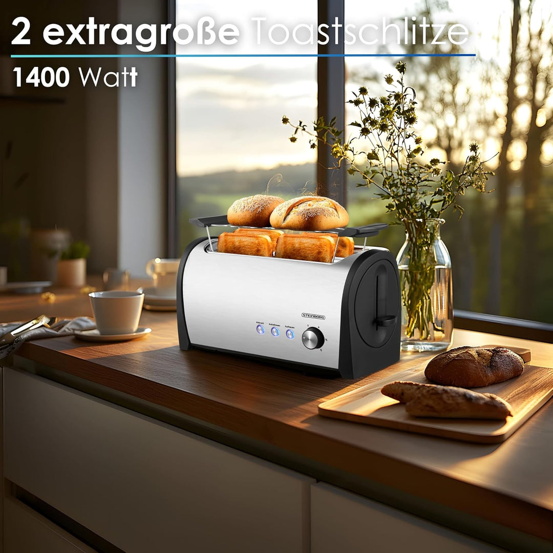 Steinborg Toaster 4 Scheiben mit Brötchenaufsatz XXL Langschlitztoaster Edelstahl Blaue LED Beleucht