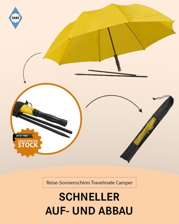 FARE Reise-Sonnenschirm Travelmate Camper UV Schutz 50+ für Koffer Flugzeug Camping Balkon Strand Ga