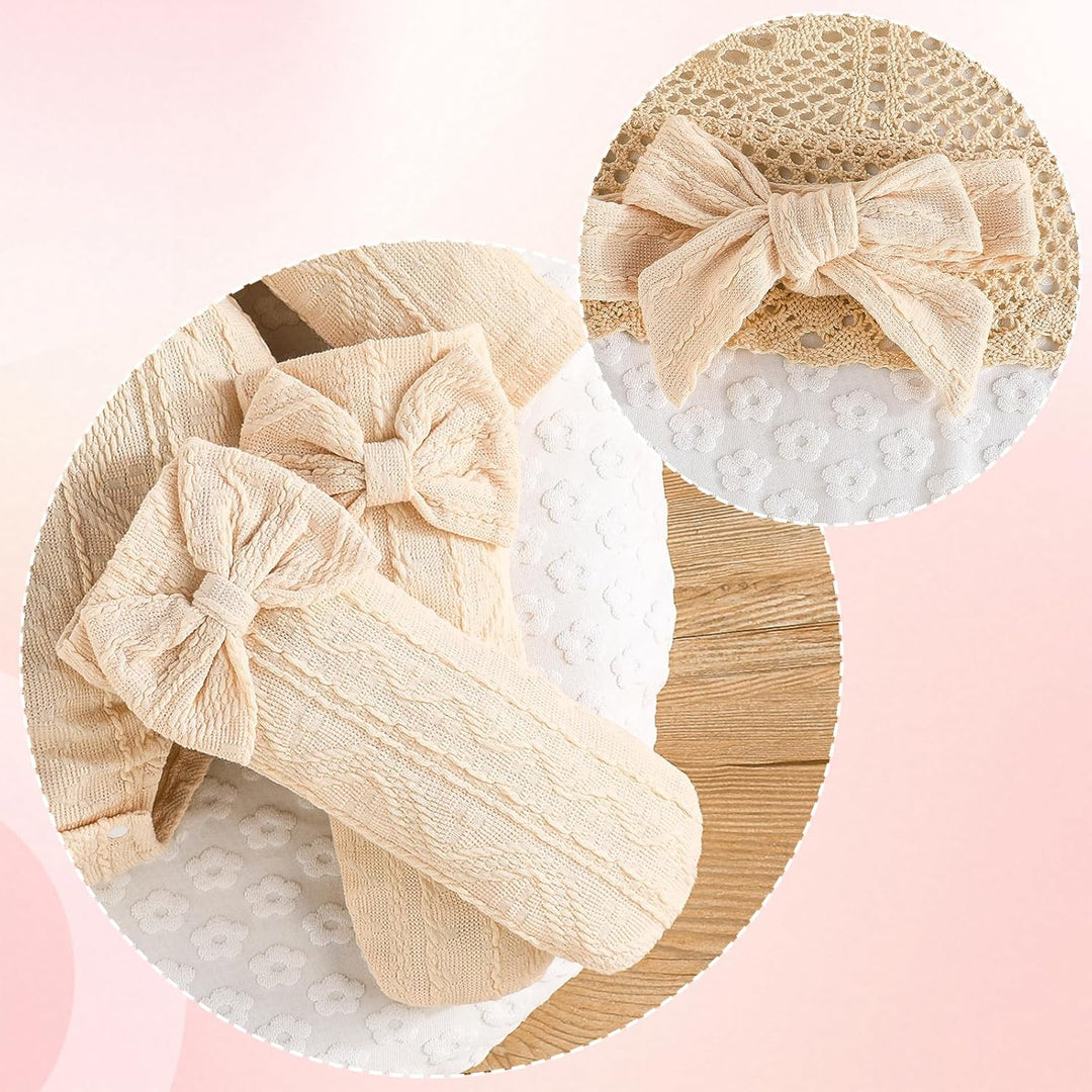 Kunyeah 3Pcs Baby Mädchen Outfits Kleinkind Ruffle Strampler Langarm Bodysuit+Bow Haarband+Socken Ne