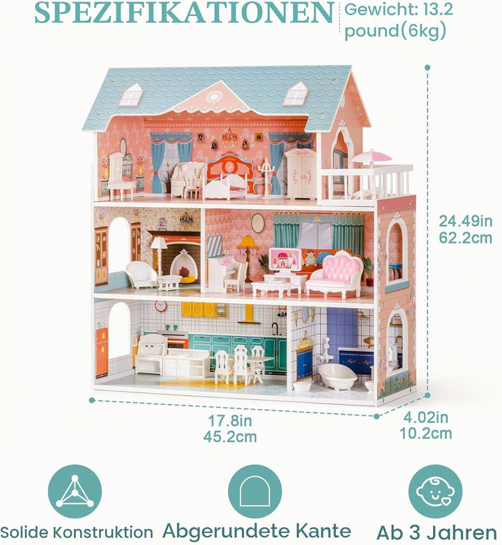 ROBUD Puppenhaus aus Holz mit Möbeln und Zubehör Mädchen Häuser Spielhaus Spielraum Spielzeug für Ki