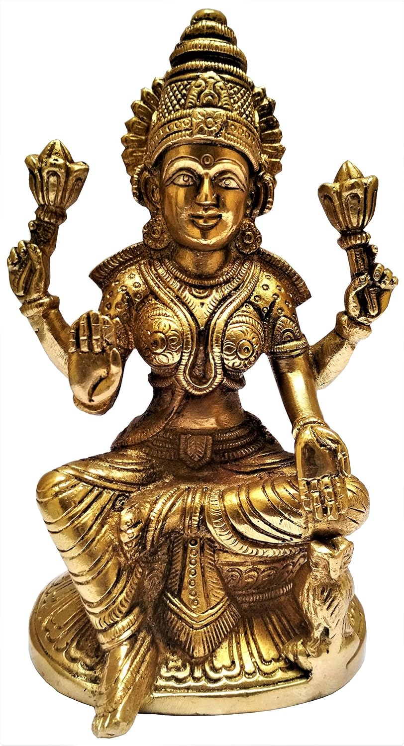 Purpledip Brass Idol Ma Lakshmi, Hindu Goddess of Prosperity &Wealth: Collectible Statue (11568)