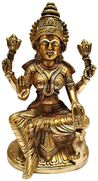 Purpledip Brass Idol Ma Lakshmi, Hindu Goddess of Prosperity &Wealth: Collectible Statue (11568)