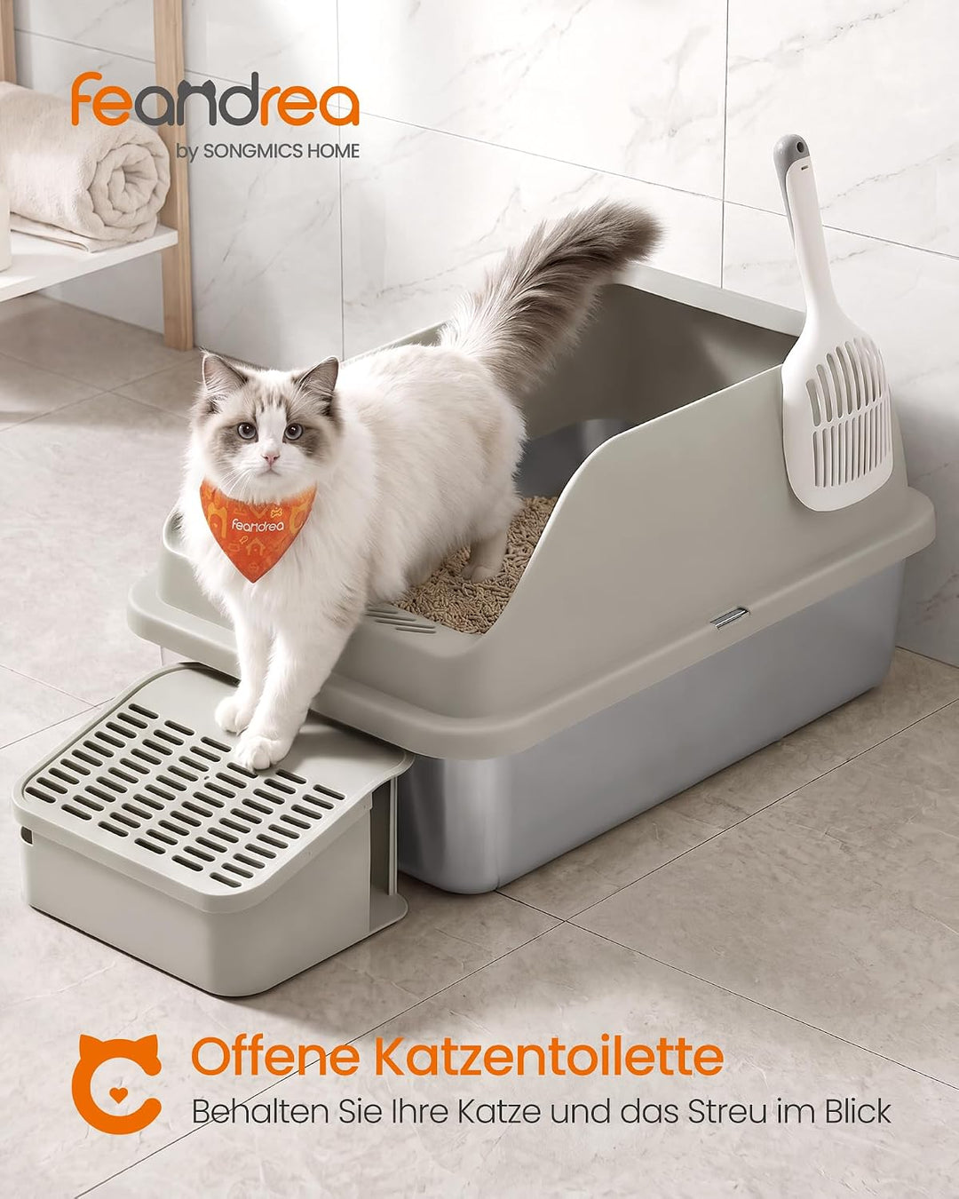 Feandrea Katzenklo Edelstahl XXL, Offene Katzentoilette mit Hohem Rand und Treppe, Geruchsneutral, m