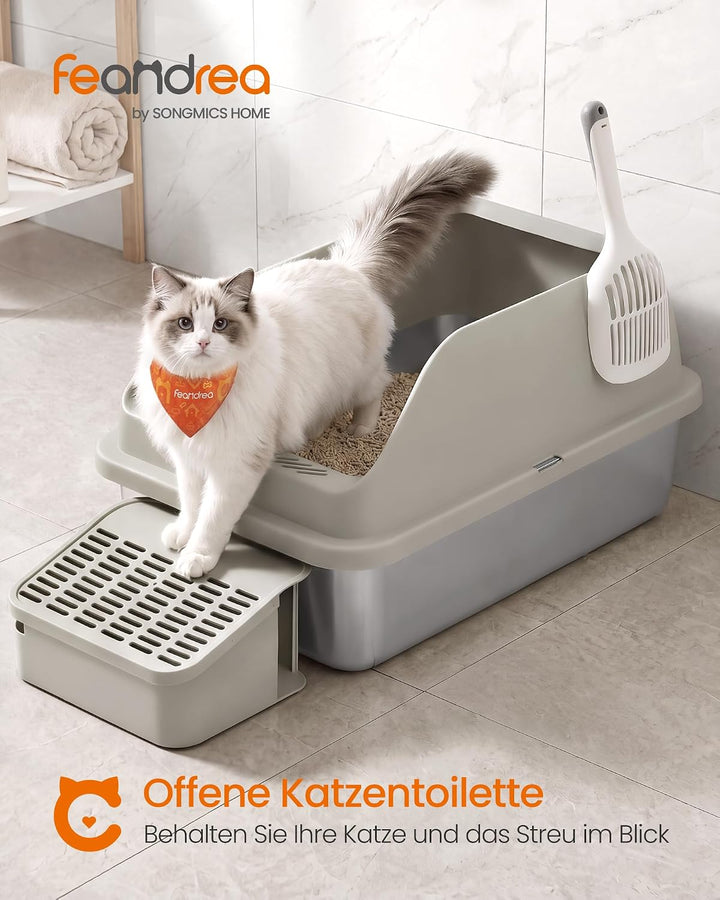 Feandrea Katzenklo Edelstahl XXL, Offene Katzentoilette mit Hohem Rand und Treppe, Geruchsneutral, m