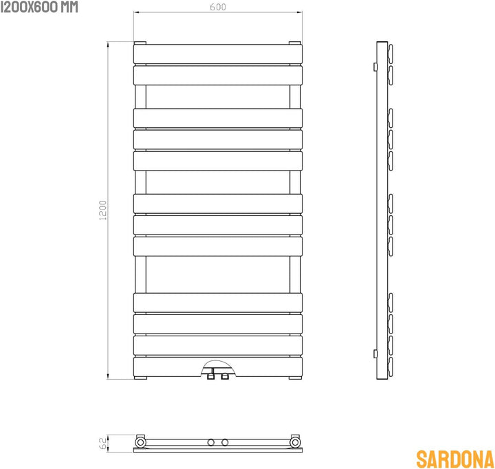 WITEN&NOCK SARDORA Design Badheizkörper 1200 x 600 mm Handtuchheizung Handtuchtrockner 2in1 Mittelan