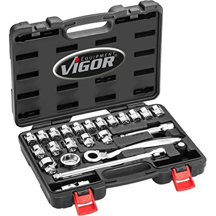Vigor Satz (12,5 mm (1/2“) Vierkantabtrieb, superflache Umschaltknarre 20 mm Flacher, Diverse Stecks