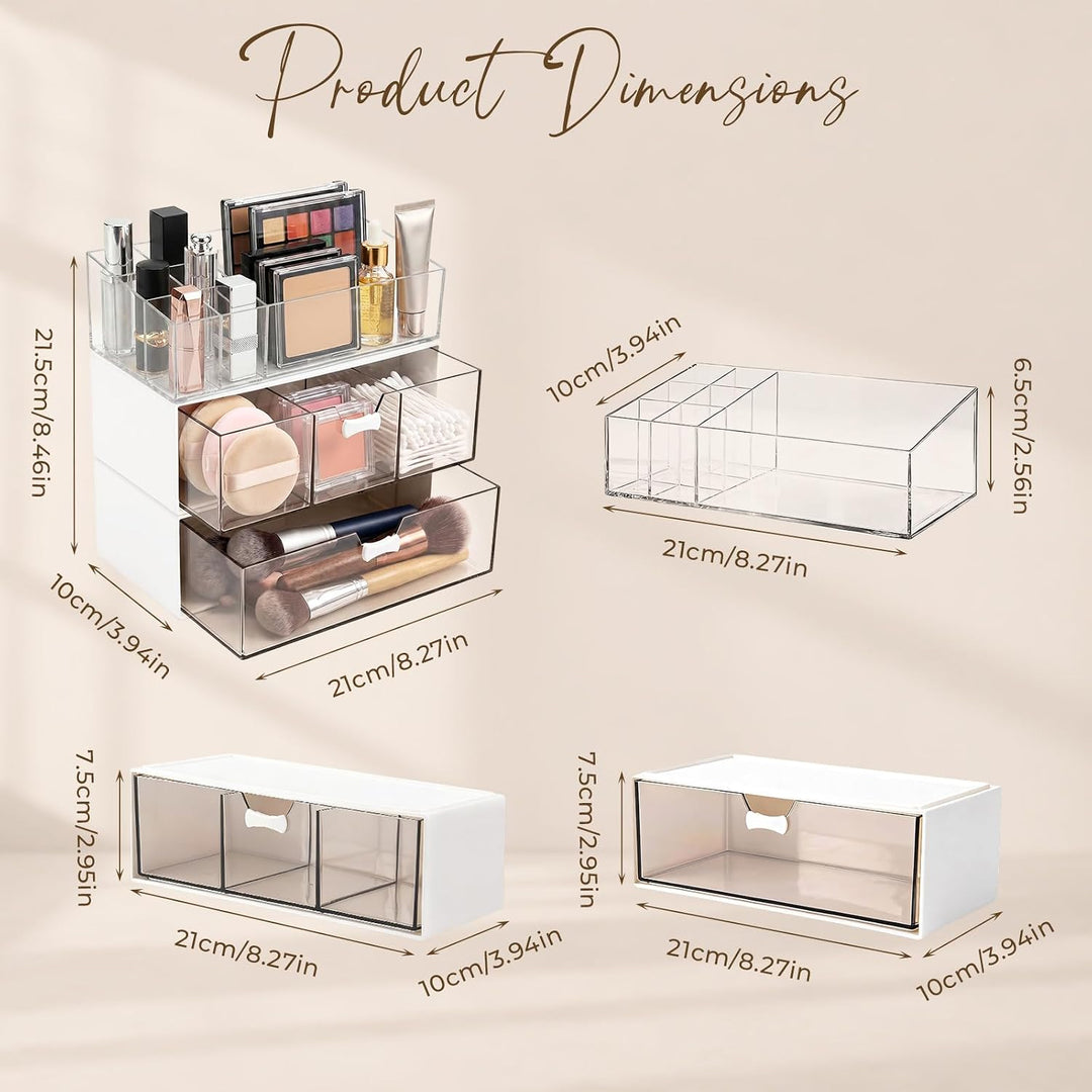 Stapelbarer Kosmetik Organizer 3er Set, Make-up Organizer mit Lippenstiftfach, Einzelfach und 3-Fäch