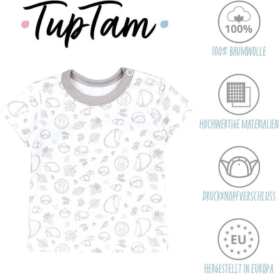 TupTam Baby Jungen Kurzarm T-Shirt mit Aufdruck Unifarben Sterne Streifen 5er Set 56 Igel Füchse Str