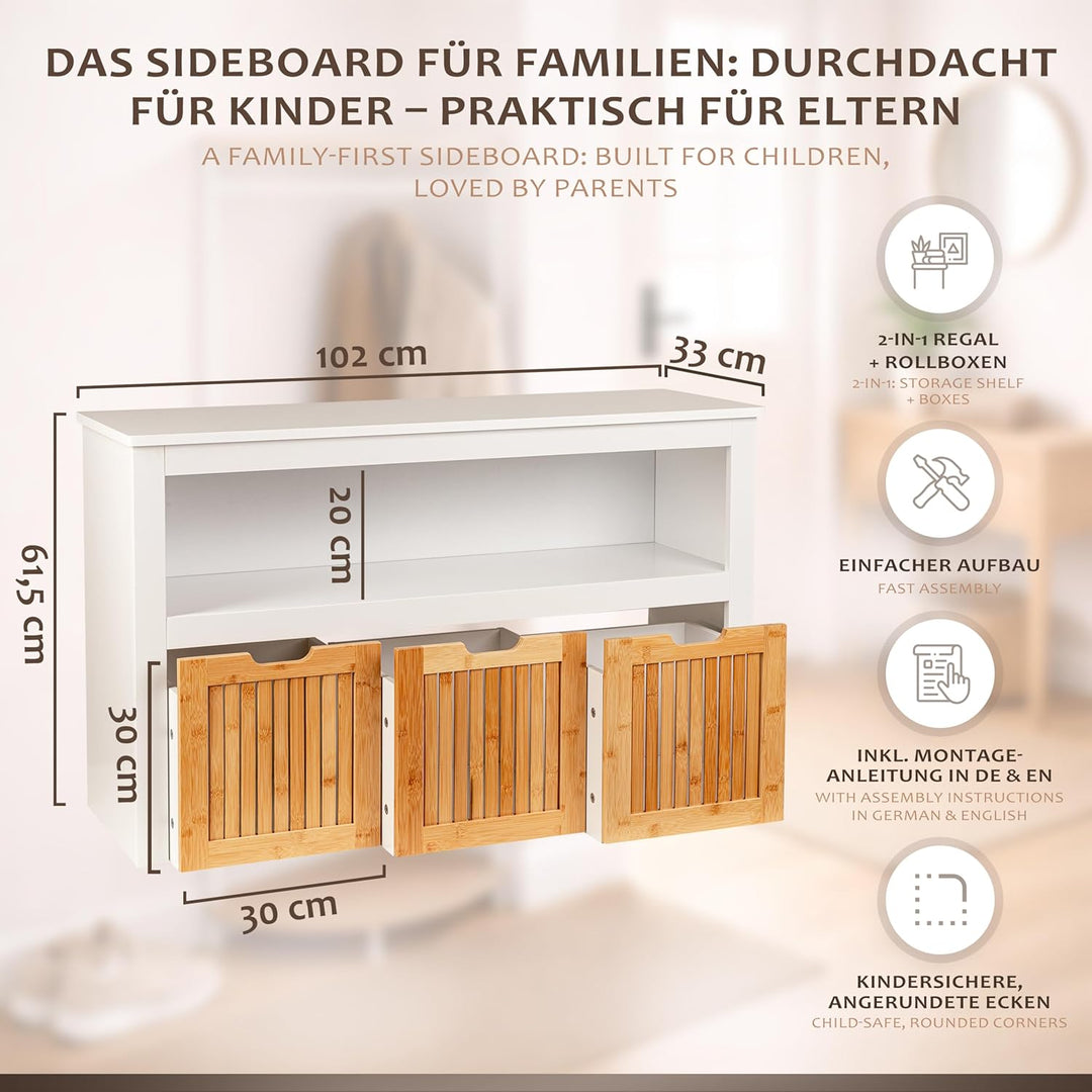 ONVAYA Sideboard mit Rollboxen - Praktisches Kinder Bücherregal und Kuscheltier Aufbewahrung - Moder