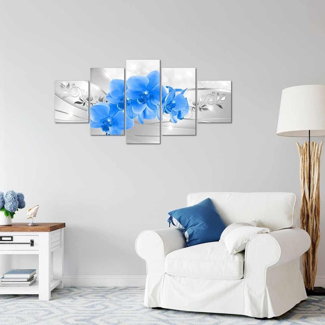 Runa Art Wandbilder Blumen Orchidee 5 Teilig Bild auf Vlies Leinwand Deko Wohnzimmer Silber Blau 210