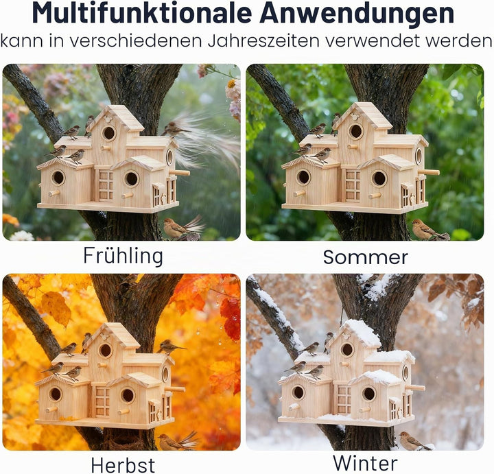 Vogelhaus aus Holz mit mehreren Einstiegslöchern, Kiefer natur, dekoratives Gartenhaus