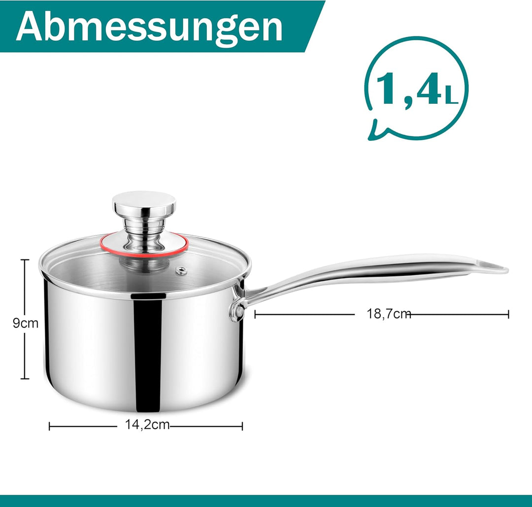 Homikit Stielkasserolle, 3-Lagen Edeastahl 14cm Kasserolle mit Glasdeckel, Klein Kochtopf Milchtopf