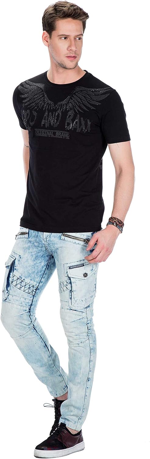 Cipo Baxx Herren Jeans Hose Slim Fit Cargo Design Denim Freizeit Hose Hellblau W32 L34