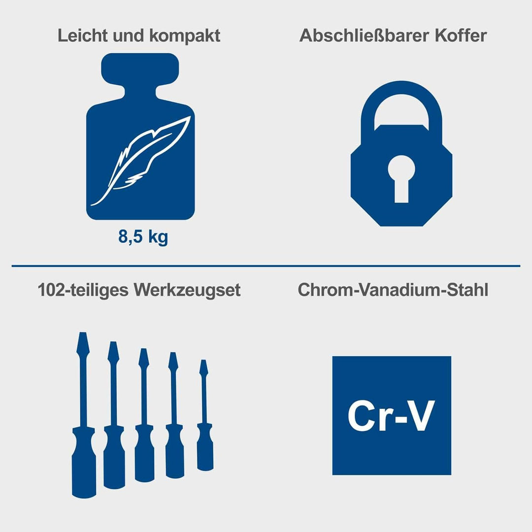 Scheppach TB150 Aluminium Werkzeugkoffer gefüllt 101-tlg Werkzeug Set | Werkstattkoffer mit Schraube
