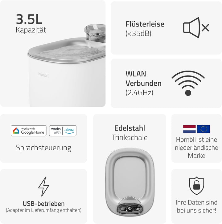 Hombli Smarter Trinkbrunnen für Haustiere, 3,5l Volumen, leise, Edelstahl-Napf, Filter- und Wasserst