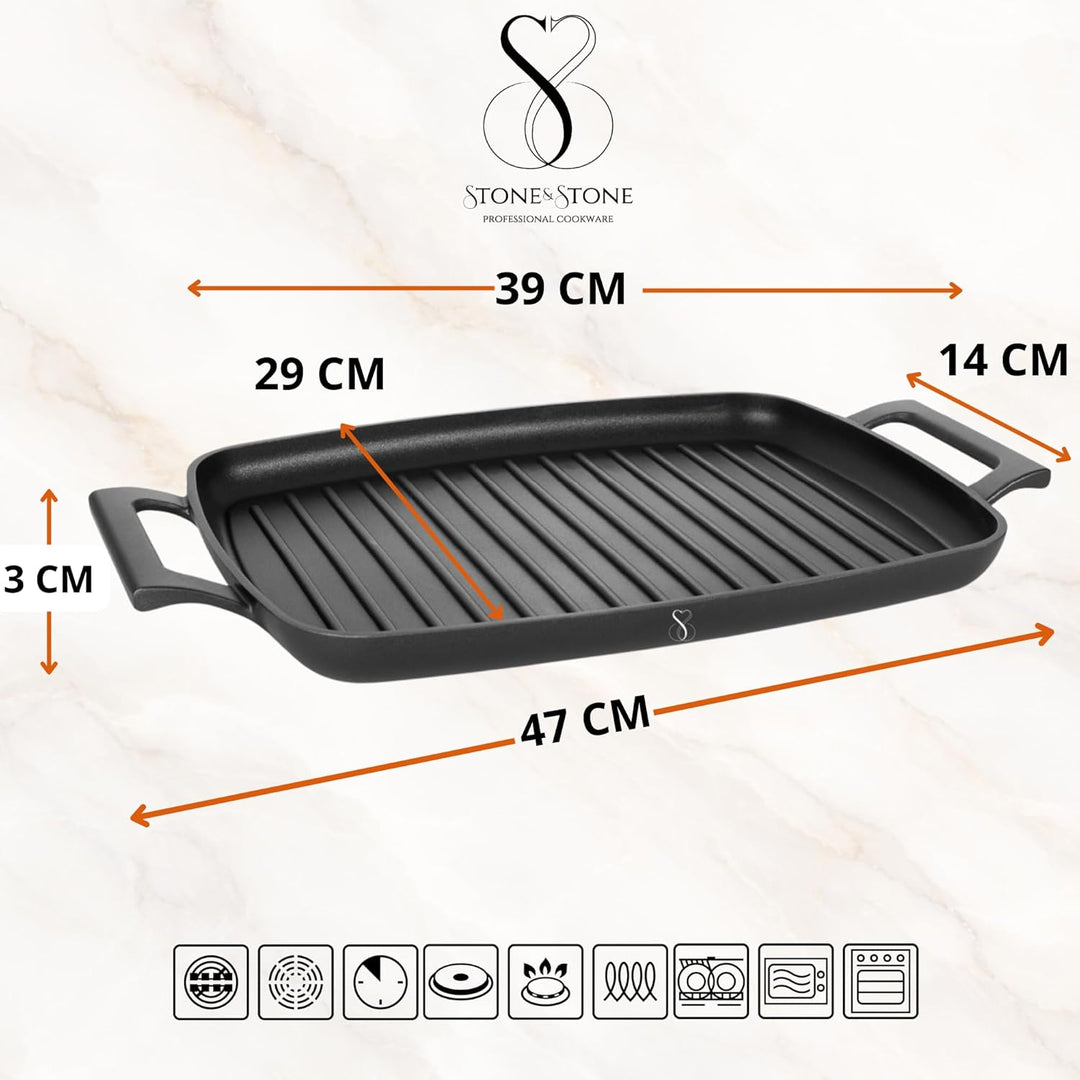 Stone&amp;Stone Grillpfanne 47 cm Rechteckig, Aluminium, Profi Antihaftbeschichtet GREBLON C3+ PFOA-frei