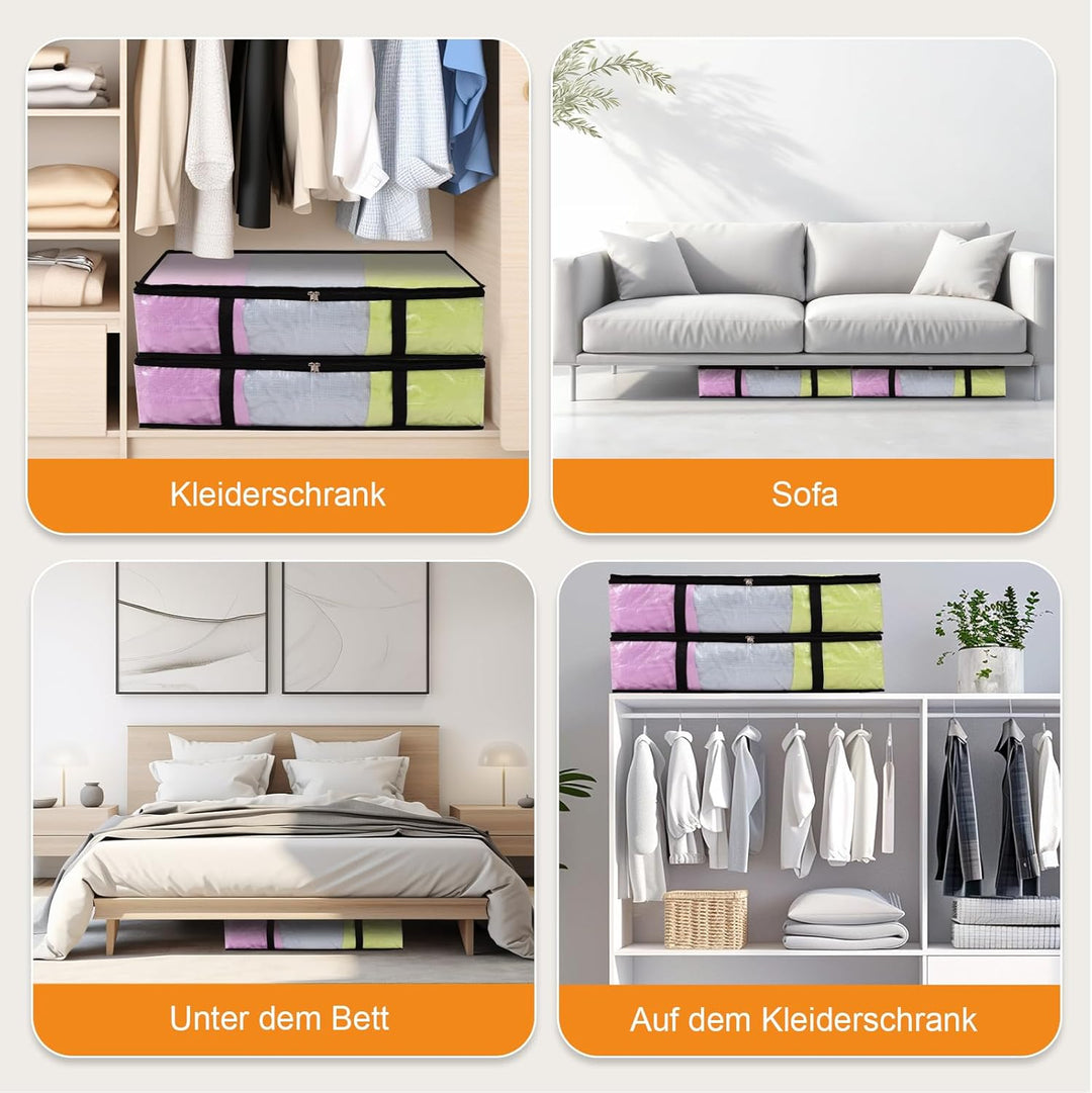 4 Stück 60L Unterbett Aufbewahrungsbox mit Deckel, Transparente Unterbettkommode Faltbare Aufbewahru