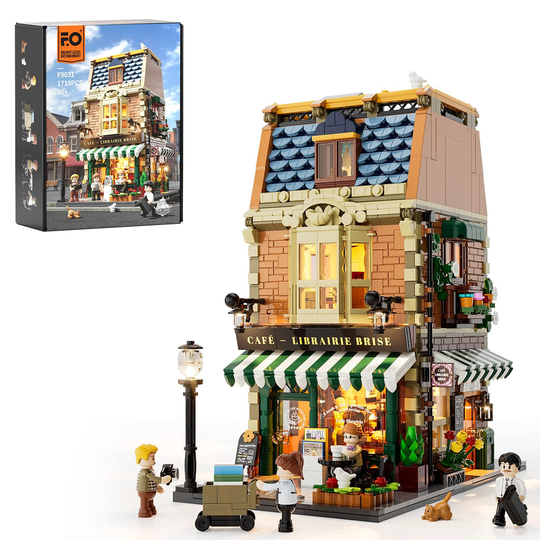 Funwhole Buchcafé Beleuchtetes Baukasten Set - Stadtkaffeehaus LED Licht Modularer BAU Modellsets 17