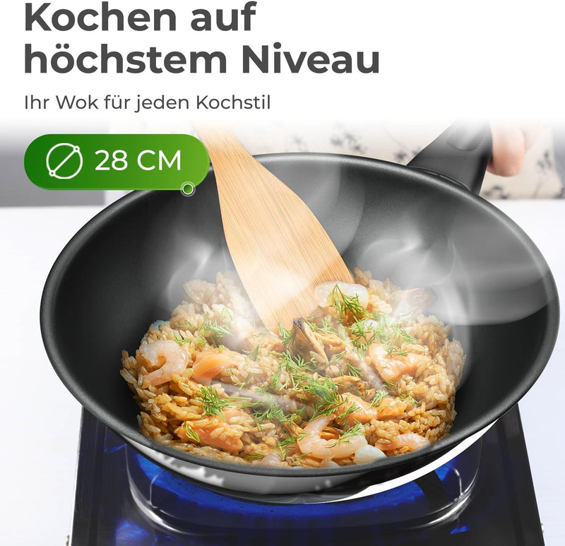 KLAMER Profi Edelstahl-Wok 28 cm Induktion Premium Beschichtung, Wok 28 cm