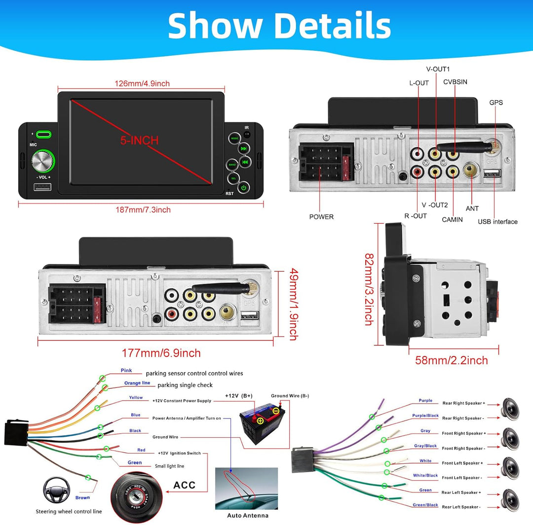 Podofo Autoradio 1 Din mit Wireless Apple Carplay Bluetooth Android Auto, 5 Zoll Auto Radio Stereo m