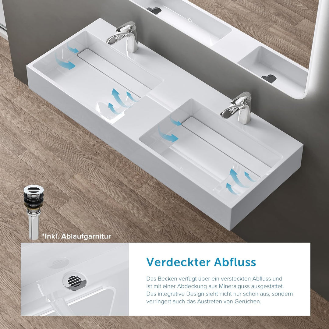 doporro Design Doppelwaschtisch 120x48x13 cm mit verstecktem Ablauf Colossum12 in weiss aus Mineralg