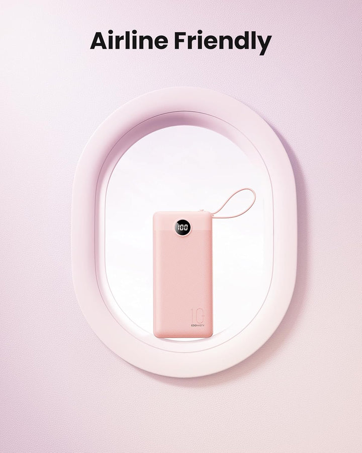 10000mAh Powerbank mit Ladekabel, Tragbares Ladegerät USB C, 5 Ausgänge 2 Eingänge LED Display Exter