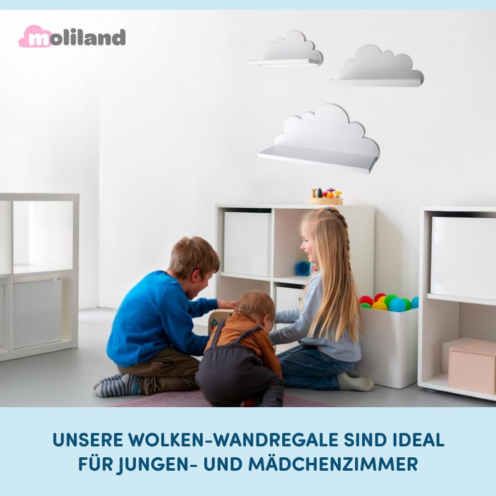 3er Set Wandregal Kinderzimmer Weiss | Babyzimmer Wolkenregal für Bücher, Spielzeug, Dekoration | Re