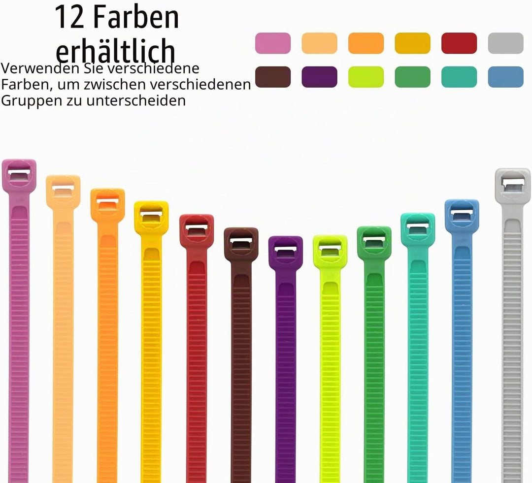 XINGO 1200 Stück Farbige Kabelbinder, 300mm x 4.8mm Kabelbinder farbig bunt, 12 Verschiedene Farbtön
