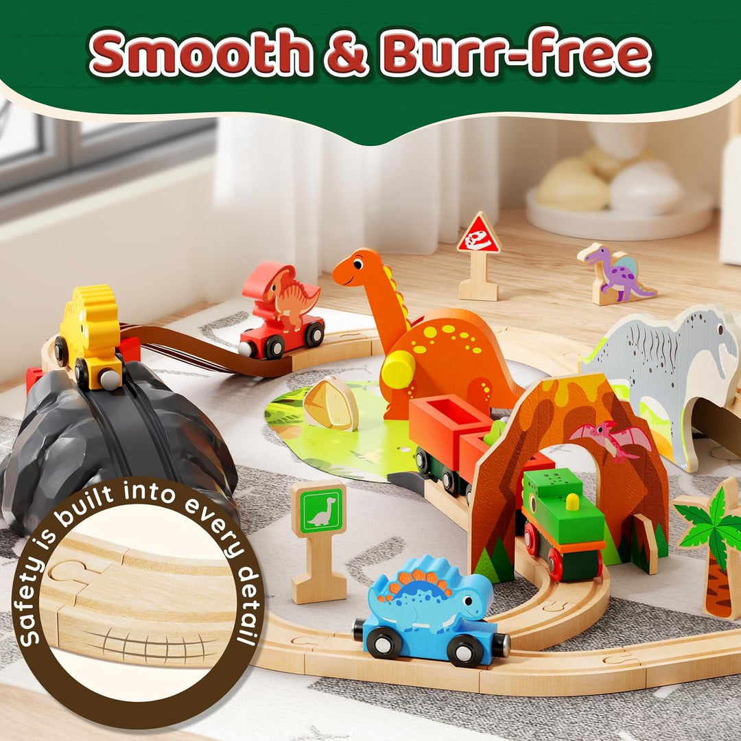 Lehoo Castle Holzeisenbahn, Holz Eisenbahn Kinder, Dinosaurier Spielzeug Holzeisenbahn Schienen, Din