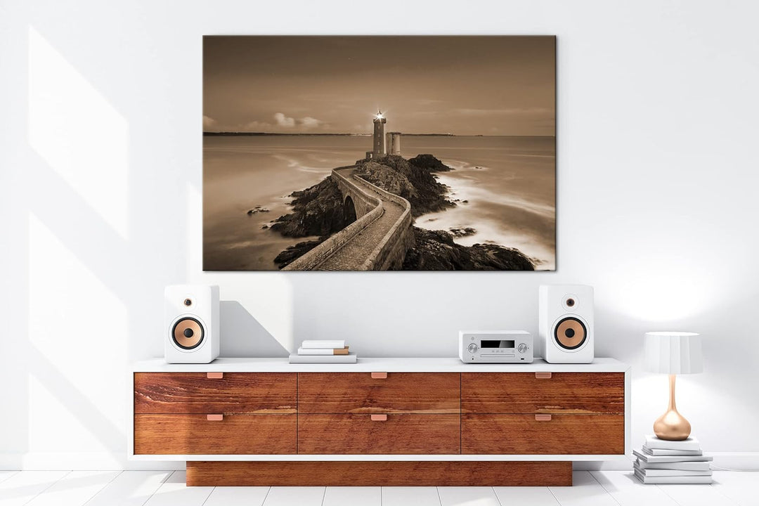 deyoli steiniger Weg zum Leuchtturm Effekt: Sepia, Format: 80x60 als Leinwandbild, Motiv fertig gera