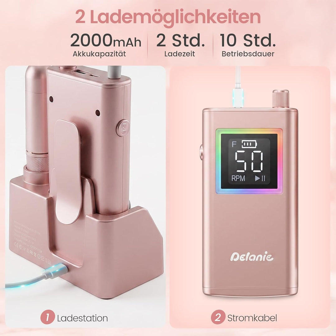 Delanie elektrischer Nagelfräser professionell 50000 U/Min mit Ladestaion, Maniküre Fräser für Nägel