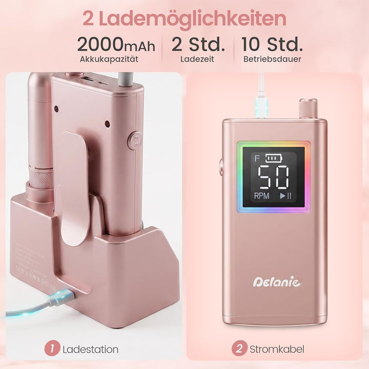 Delanie elektrischer Nagelfräser professionell 50000 U/Min mit Ladestaion, Maniküre Fräser für Nägel