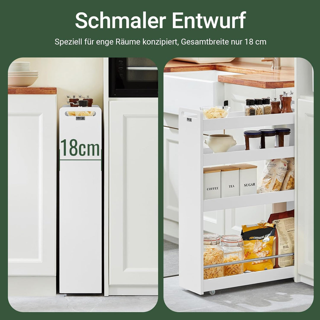 SoBuy® NSR01-W Nischenregal mit 4 Etagen Küchenregal mit Rollen Badrollwagen Ordnungswagen Rollwagen