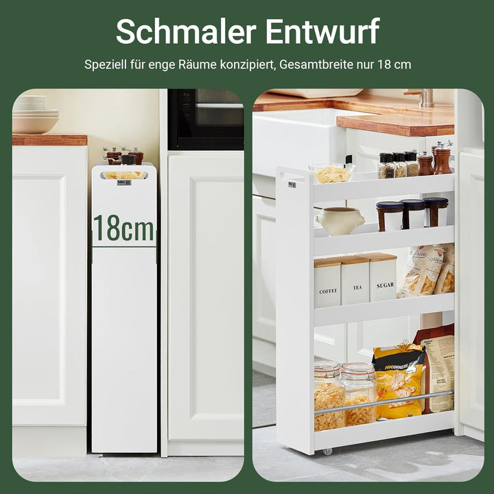 SoBuy® NSR01-W Nischenregal mit 4 Etagen Küchenregal mit Rollen Badrollwagen Ordnungswagen Rollwagen