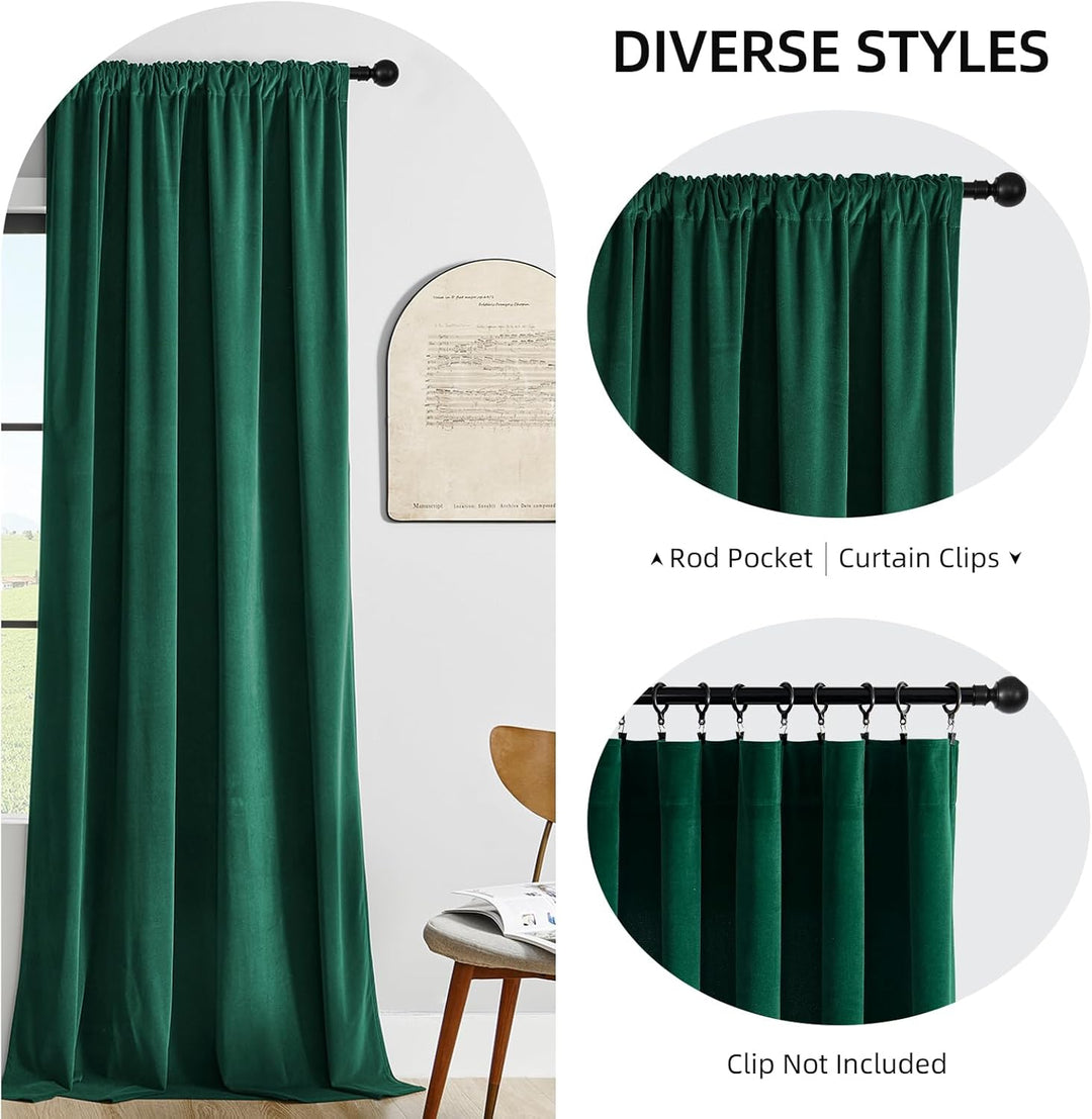 Joydeco Grüne Samtvorhänge, 243.8 cm Länge, 2 Paneele, Burg-Set, luxuriöse Stangentasche, wärmeisoli