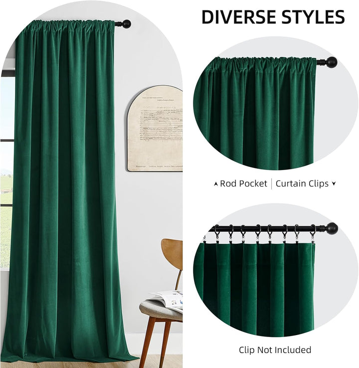 Joydeco Grüne Samtvorhänge, 243.8 cm Länge, 2 Paneele, Burg-Set, luxuriöse Stangentasche, wärmeisoli