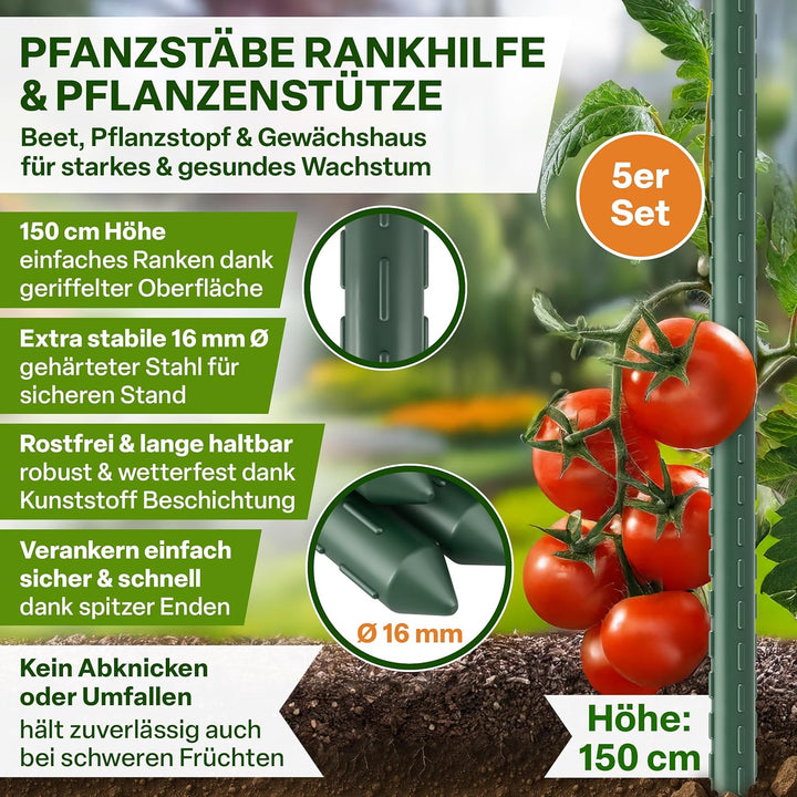TTL GARDEN Rankstäbe 5er Set 150cm x 16mm Ø grün - extra stabile 16 mm Rankhilfe Pflanzstäbe Stahl r