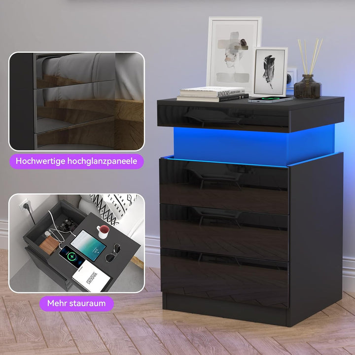 Lvhecforhm Nachttisch mit Ladestation, Nachttisch mit LED Licht, Nachttische mit USB Anschlüsse, Sch
