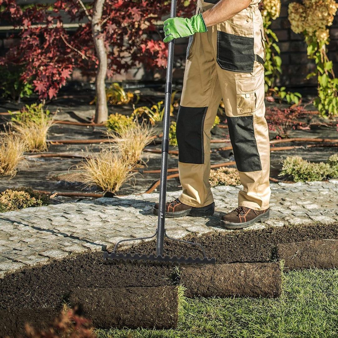 Gartenrechen mit 17 Zinken, Grossflächen Laubrechen mit breitem Kopf, Gartenharke Metall Schwerlast
