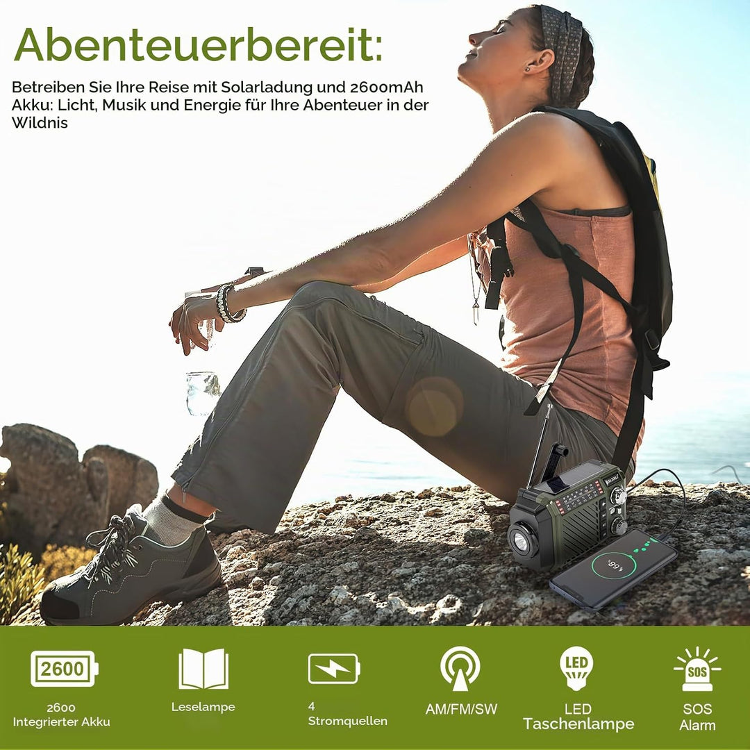 Kurbelradio Notfallradio mit 2600mAh Powerbank, Solar &amp; USB-C Ladung, AM/FM/SW Weltempfänger, LED-Ta