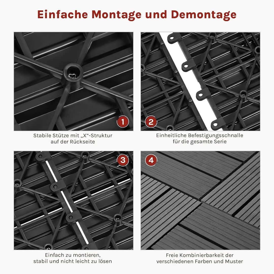 WOLTU WPC Terrassenfliesen Terrassendielen Holz-Optik 30x60cm, Fliese Bodenfliese Klickfliese mit kl