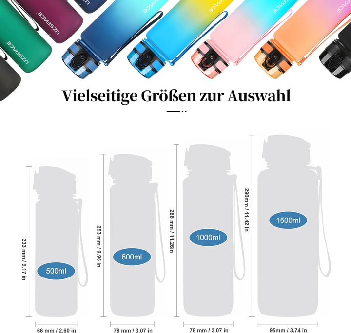 UZSPACE Trinkflasche Kinder Auslaufsicher,Sport Kunststoff Trinkflasche 1l,800ml,500ml, Tritan &amp; BPA