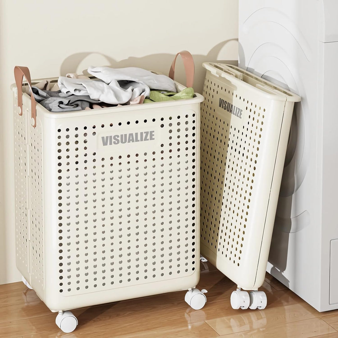 Siyecioa Wäschekorb Plastik Faltbare, Wäschesammler, 60L Laundry Baskets mit Rollen, Wäschebox für W
