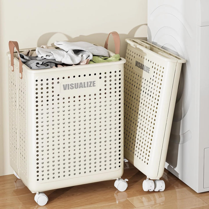 Siyecioa Wäschekorb Plastik Faltbare, Wäschesammler, 60L Laundry Baskets mit Rollen, Wäschebox für W
