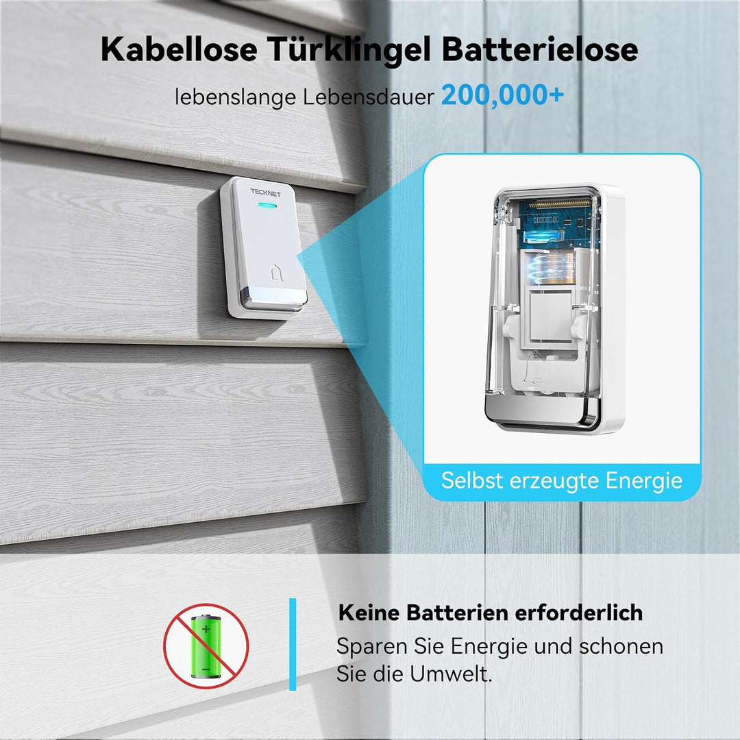 TECKNET Türklingel Batterielose, Steckdosen-Funkklingel Wasserdicht Drahtloses Funk Türklingel mit 2