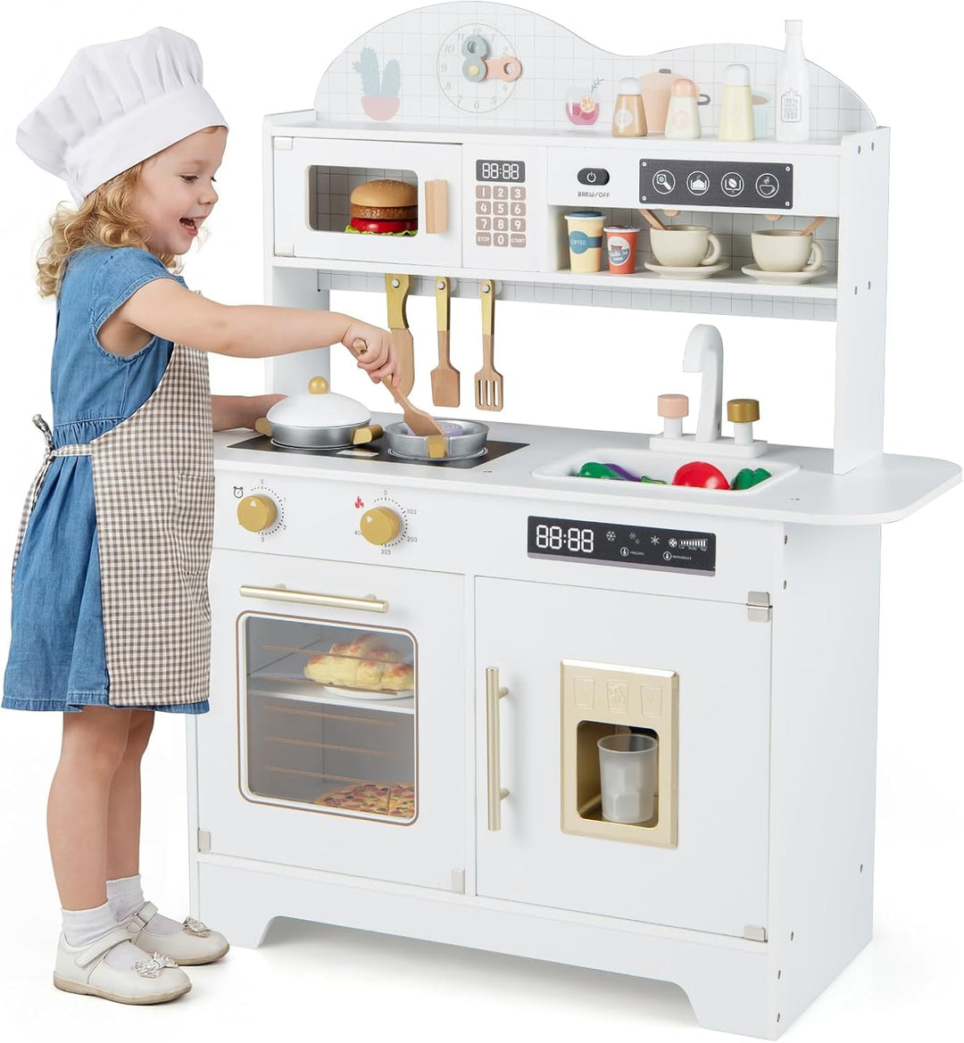 COSTWAY Kinderküche, Spielküche Holz mit 17 Zubehörteilen, Spielzeugküche mit Backofen, Eismaschine,