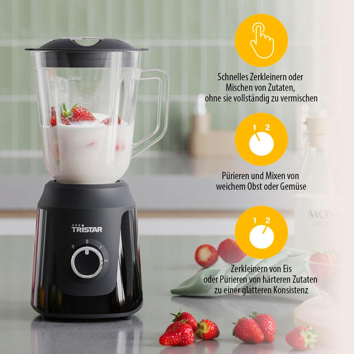 Tristar Standmixer, 1 L Mixbehälter aus Glas, 2 Geschwindigkeitsstufen, Pulsfunktion zum Zerkleinern