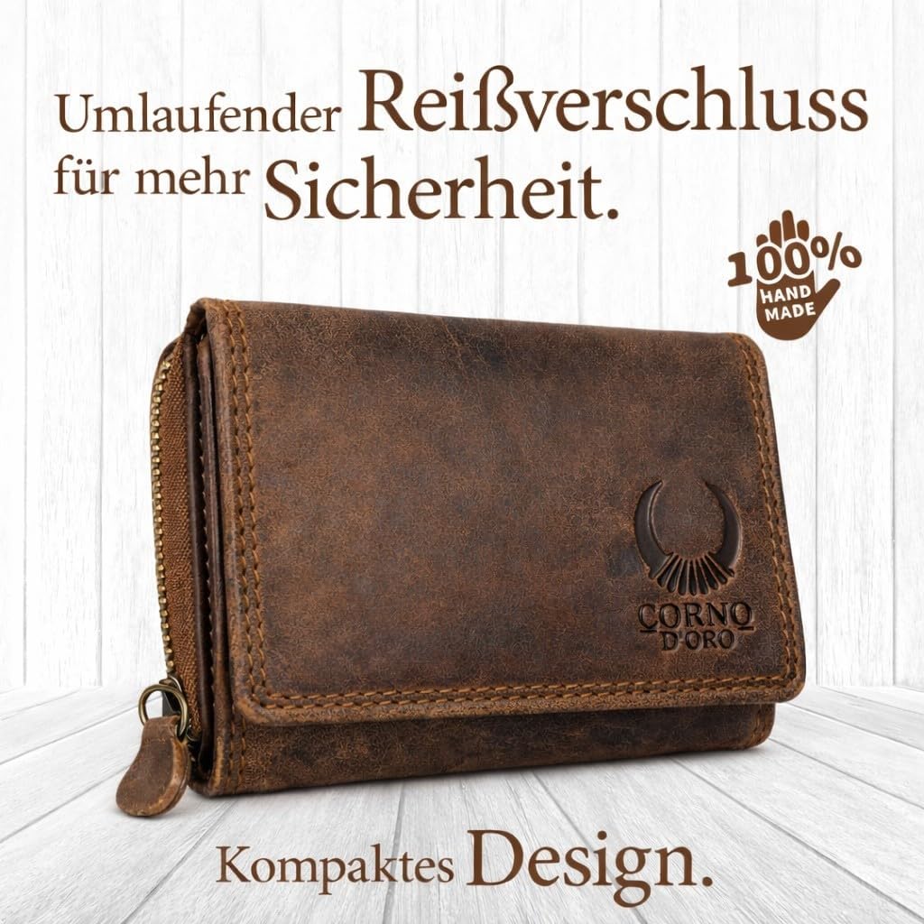 Corno d´Oro Handmade Kleines Portemonnaie Damen Leder I Mini Geldbörse Damen mit RFID Blocker und Mü